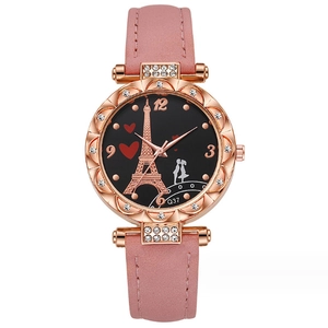 Orologio al quarzo da donna con cinturino in pelle rosa e quadrante con Torre Eiffel
