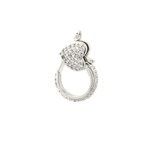 Detail of silver heart-shaped clasp with micro-pave white zircon stones and spring ring link