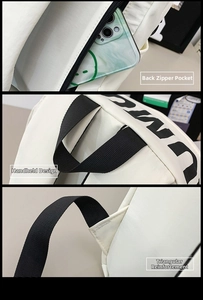 Detail view of anti-theft back pocket, sturdy carry handle, and reinforced shoulder straps