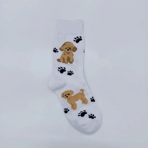 Detailed close-up of white cotton socks featuring cute brown dog pattern and ribbed cuffs