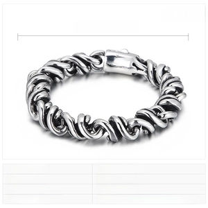 Detailed view of punk style stainless steel braided chain bracelet with size specifications