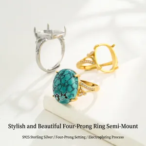 925 Sterling Silver Semi Mount Ring Setting For DIY Oval Amber Inlaid Rhinestone Adjustable Open Ring Women Jewelry Finding