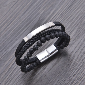 Multi-layer black leather and lava stone bracelet with silver magnetic steel clasp