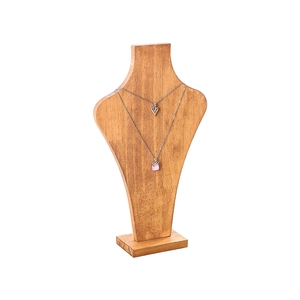 Vertical wooden bust display for necklaces in natural finish with minimalist jewelry
