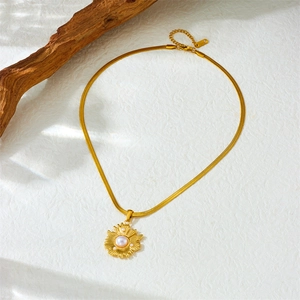 Gold plated stainless steel snake chain necklace with pearl flower pendant and diamond accents