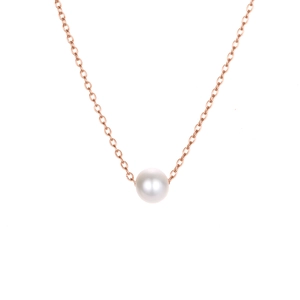 Elegant rose gold necklace with a round white pearl pendant on a clean white background