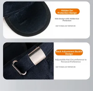 Detail of winter baseball cap showing hidden ear flaps and adjustable metal buckle