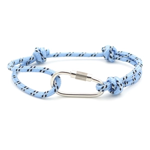 Detail of blue RPET braided rope bracelet with a silver metal carabiner clip fastener
