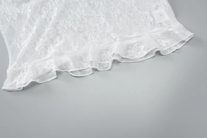 Close-up of white lace fabric with floral patterns and delicate ruffled hem details