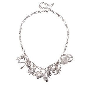 Silver Figaro chain necklace featuring sun, heart, and western boot charms on white background