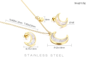 Detailed technical view of moon and shell necklace earrings set with size measurements