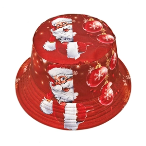 Unisex red Christmas bucket hat featuring Santa Claus pattern and festive ornaments