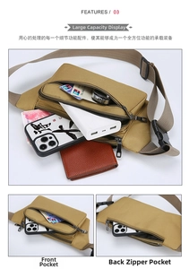Macro view of khaki waist bag showing multiple functional compartments for essentials