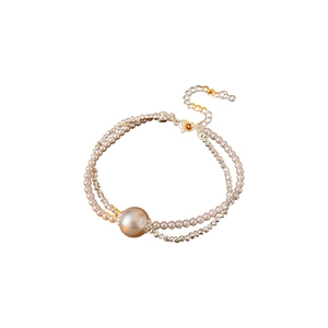 Double-layer silver bead bracelet with a large pink pearl pendant and extension chain