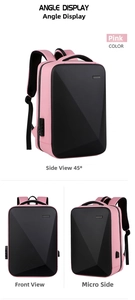 Pink hard shell laptop backpack with geometric texture, USB port, and TSA lock detail