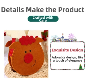 Detail of Christmas reindeer felt gift bag with thick fabric texture and red handle