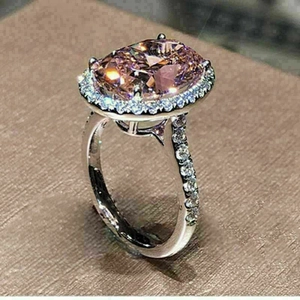 Elegant Oval Pink Zirconia Ring For Women Copper Retro Artistic Silver Plated Halo Rhinestone Inlaid Wedding Jewelry