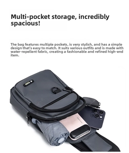 Detail view of water-resistant oxford chest bag showing high capacity for gadgets