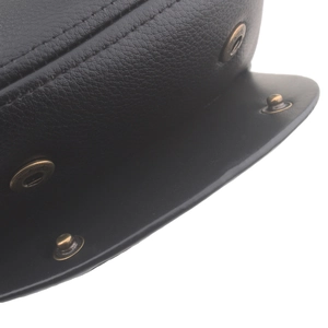 Black leather flat cap with warm lining and vintage bronze metal snap button detail