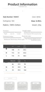 Size chart for white cotton shirt and mini skirt set showing S, M, L measurements