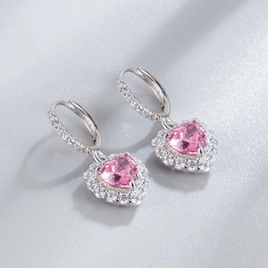 S925 sterling silver heart earrings with pink carbon diamond and pavé halo settings