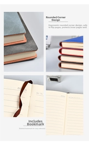 Detail of A5 business notebook showing rounded corners and silk ribbon bookmark
