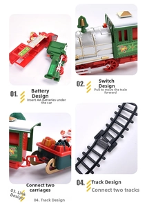 Detail view of electric Christmas train toy showing battery slot and easy track connection