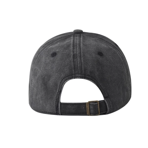 Close-up of vintage washed grey baseball cap back with adjustable metal buckle
