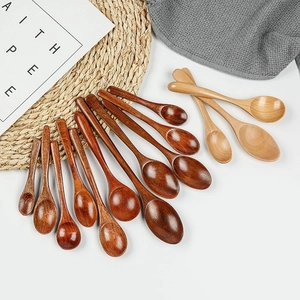 Natural Wooden Spoons Kitchen Tableware Long Handle Soup Scoops For Dessert Coffee Mixing Stirring Japanese Style