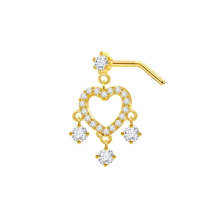Detailed close-up of golden heart-shaped nose stud with white zircons and three crystal drops