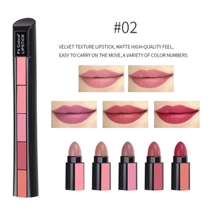 Macro view of five-in-one matte lipstick #02 with velvet texture swatches and color samples