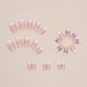 Short square press-on nails with nude gradient, purple butterfly and white line patterns