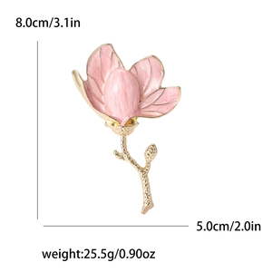 Pink and gold enamel magnolia flower brooch with dimensions and weight on white background