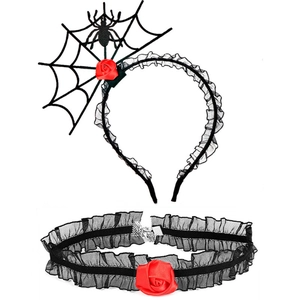 Detailed set of Halloween spider web rose headband and black lace rose choker