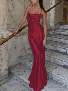Elegant red satin maxi dress with a deep V-neckline and open back for evening wear