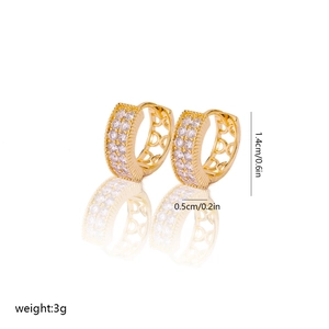 Detail view of gold zircon hoop earrings showing size 1.4cm by 0.5cm and weight 3g
