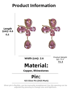 Boucles d'oreilles papillon rose avec pendentif goutte, dimensions 4,6 cm x 2,6 cm détails