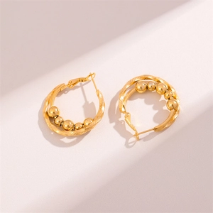 Twisted rope golden double hoop earrings with beaded accents and snap closure