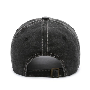 Vintage washed black denim baseball cap with white contrast stitching and adjustable metal buckle