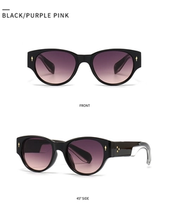 Front and 45-degree side view of black round sunglasses with purple pink gradient lenses
