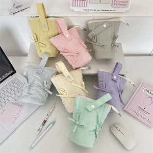 Macaron Color Standing Pencil Case Large Capacity Polyester Foldable Pen Bag With Ribbon Bows Hand Strap For Students Office