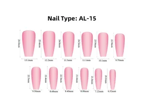 Size chart for AL-15 long ballet press-on nails with 12 precise dimensions in mm
