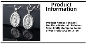 Macro view of silver stainless steel oval pendant with Our Lady of Guadalupe relief