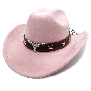 Pink suede western cowboy hat with leather band and silver metal bull head ornament