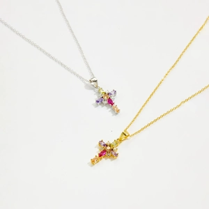 S925 sterling silver cross pendant necklace with colorful cubic zirconia in gold and silver