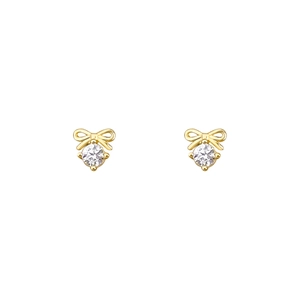 Elegant gold bow earrings featuring a clear round zircon drop in a minimalist style