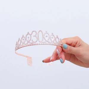 Detailed view of rose gold 30th birthday crown with rhinestones and hair combs