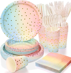 Pink and blue gradient party tableware set with golden polka dots for girl birthday
