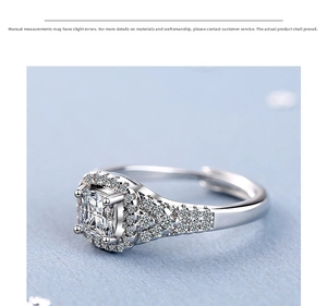 Macro detail of adjustable silver ring with square princess cut zircon and pavé setting