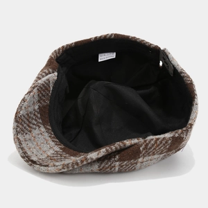 Vintage checkered newsboy hat in brown and grey tweed with black lining and internal labels